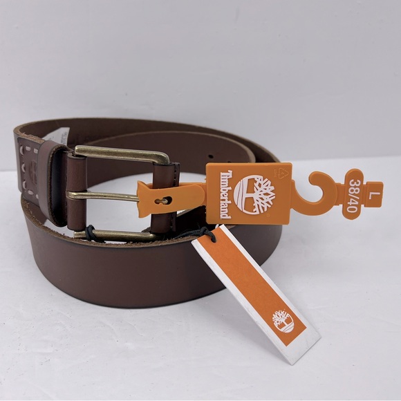 TIMBERLAND MEN’S BELT, BROWN COLOR, LEATHER WITH GOLD BUCKLE, LARGE (38/40) - Picture 4 of 10